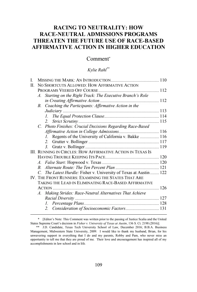 First page of Racing to Neutrality: How Race-Neutral Admissions Programs Threaten the Future Use of Race-Based Affirmative Action in Higher Education