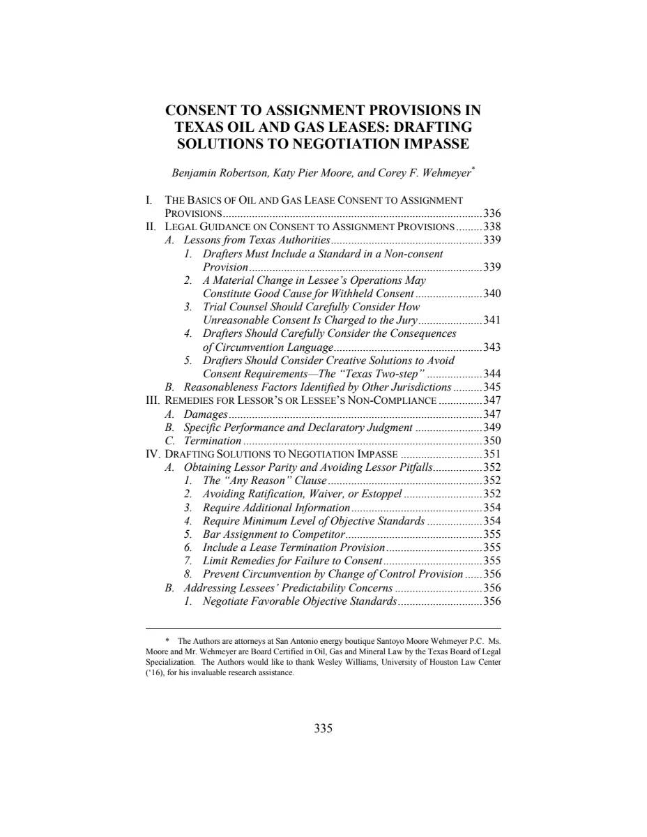First page of Consent to Assignment Provisions in Texas Oil and Gas Leases: Drafting Solutions to Negotiation Impasse