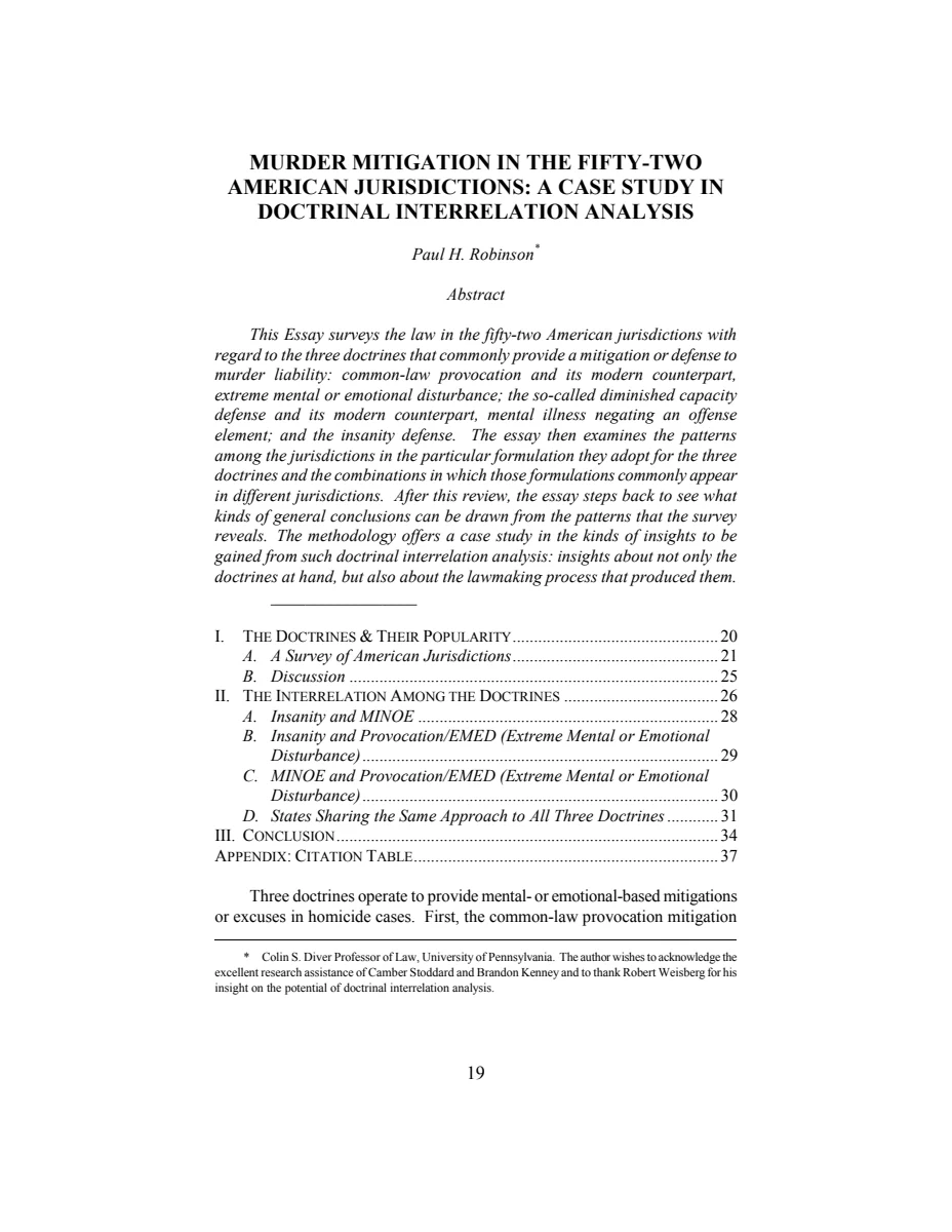 First page of Murder Mitigation in the Fifty-Two American Jurisdictions: A Case Study in Doctrinal Interrelation Analysis