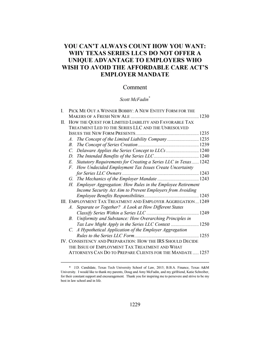 First page of You Can't Always Count How You Want: Why Texas LLCs Do Not Offer a Unique Advantage to Employers Who Wish to Avoid the Affordable Care Act's Employer Mandate
