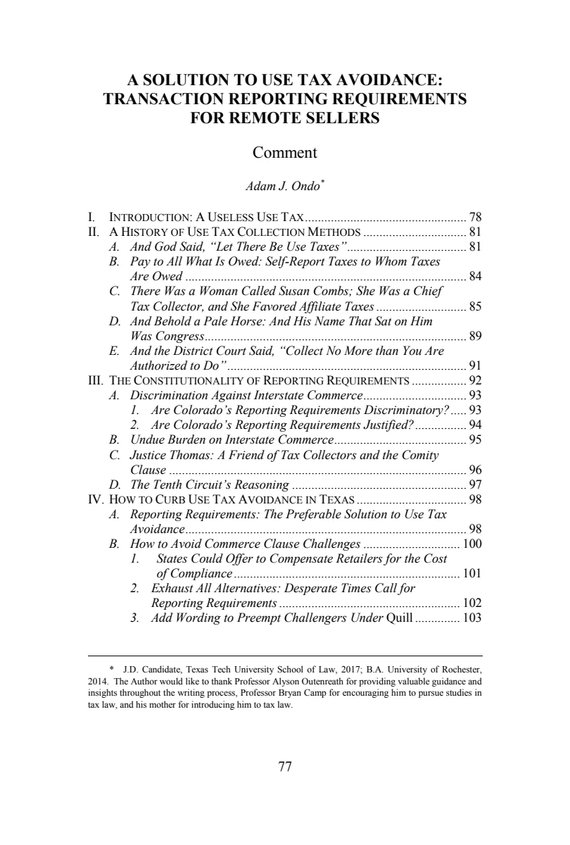 First page of A Solution to Use Tax Avoidance: Transaction Reporting Requirements for Remote Sellers