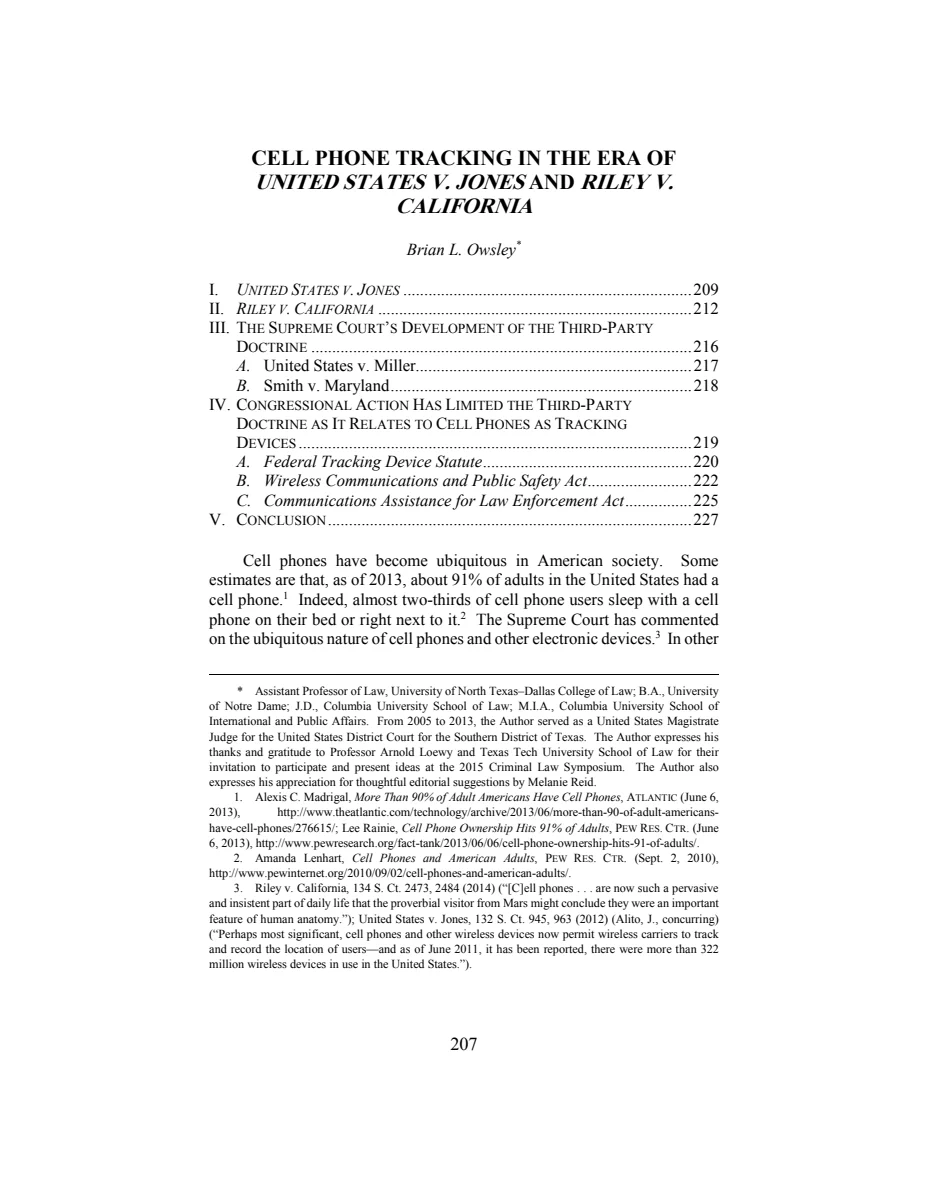 First page of Cell Phone Tracking in the Era of United States v. Jones and Riley v. California
