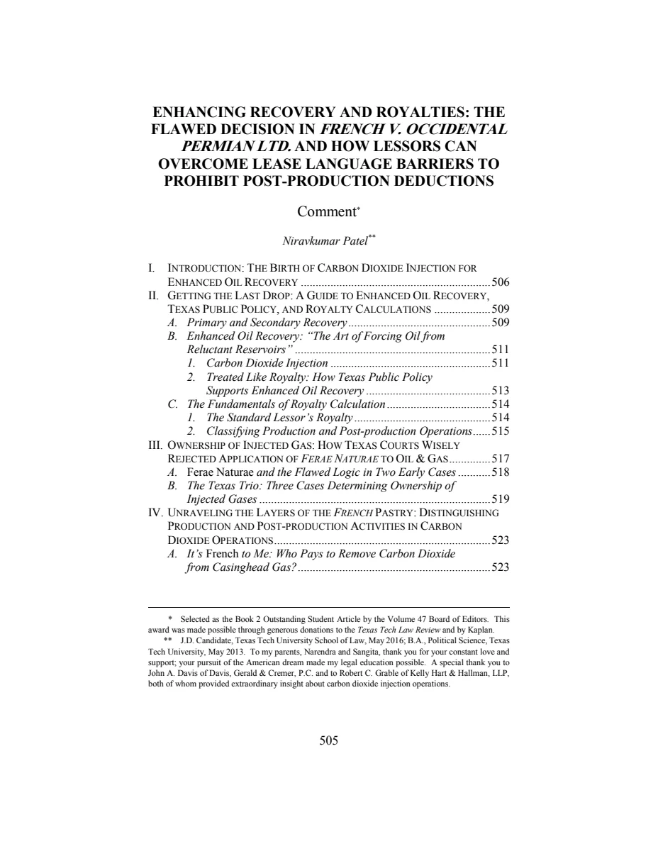 First page of Enhancing Recovery and Royalties: The Flawed Decision in French v. Occidental Permian Ltd. and How Lessors Can Overcome Lease Language Barriers to Prohibit Post-Production Deductions