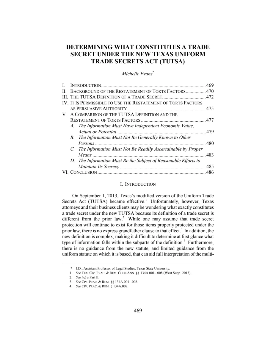First page of Determining What Constitutes a Trade Secret Under the New Texas Uniform Trade Secrets Act (TUTSA)