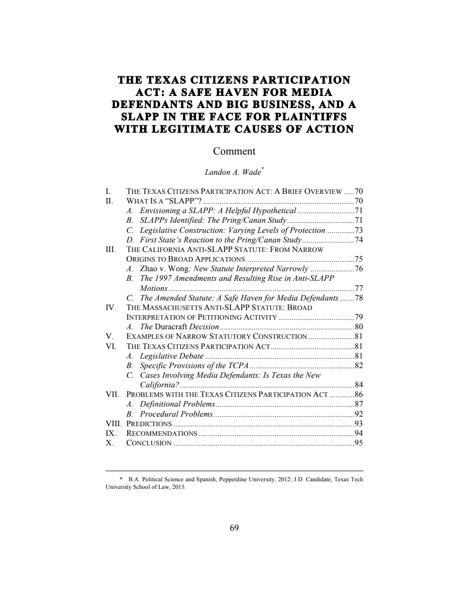 First page of The Texas Citizens Participation Act: A Safe Haven for Media Defendants and Big Business, and a SLAPP in the Face for Plaintiffs with Legitimate Causes of Action