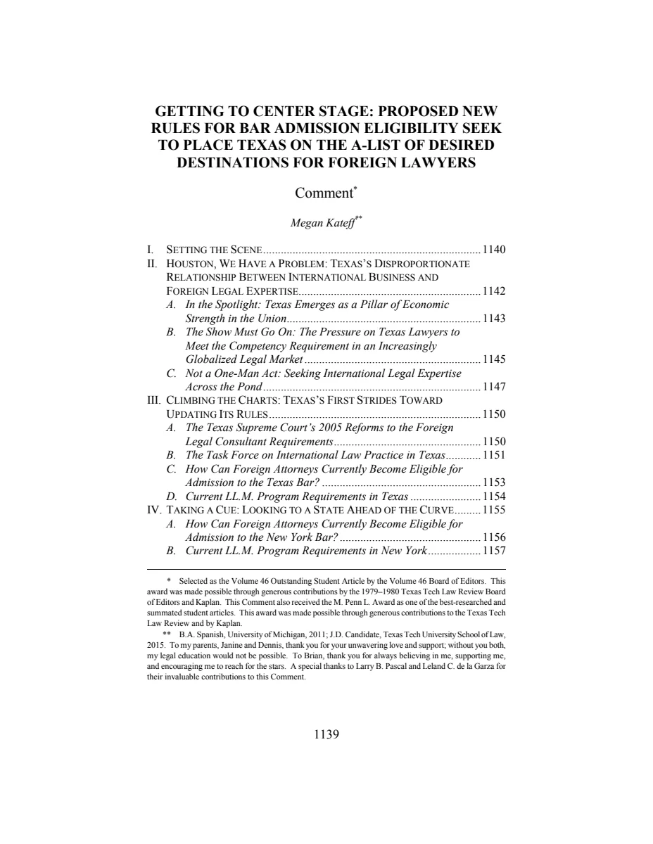 First page of Getting to Center Stage: Proposed New Rules for Bar Admission Eligibility Seek to Place Texas on the A-List of Desired Destinations for Foreign Lawyers