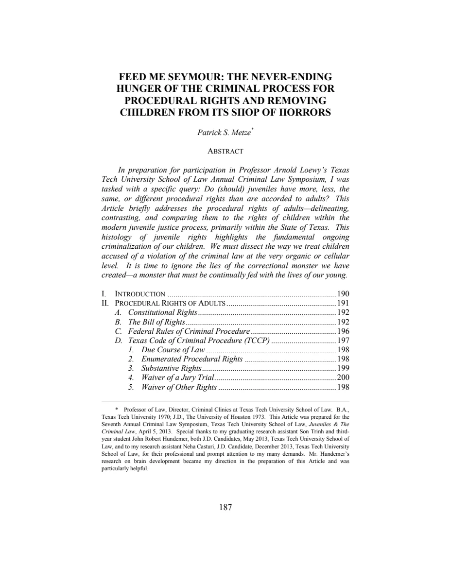 First page of Feed Me Seymour: The Never-Ending Hunger of the Criminal Process for Procedural Rights and Removing Children from Its Shop of Horrors