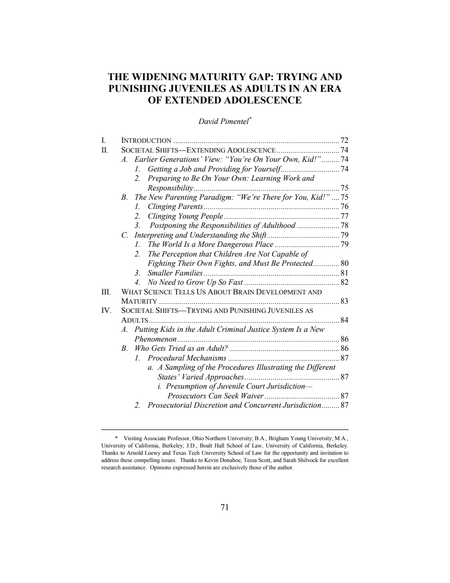 First page of The Widening Maturity Gap: Trying and Punishing Juveniles as Adults in an Era of Extended Adolescence