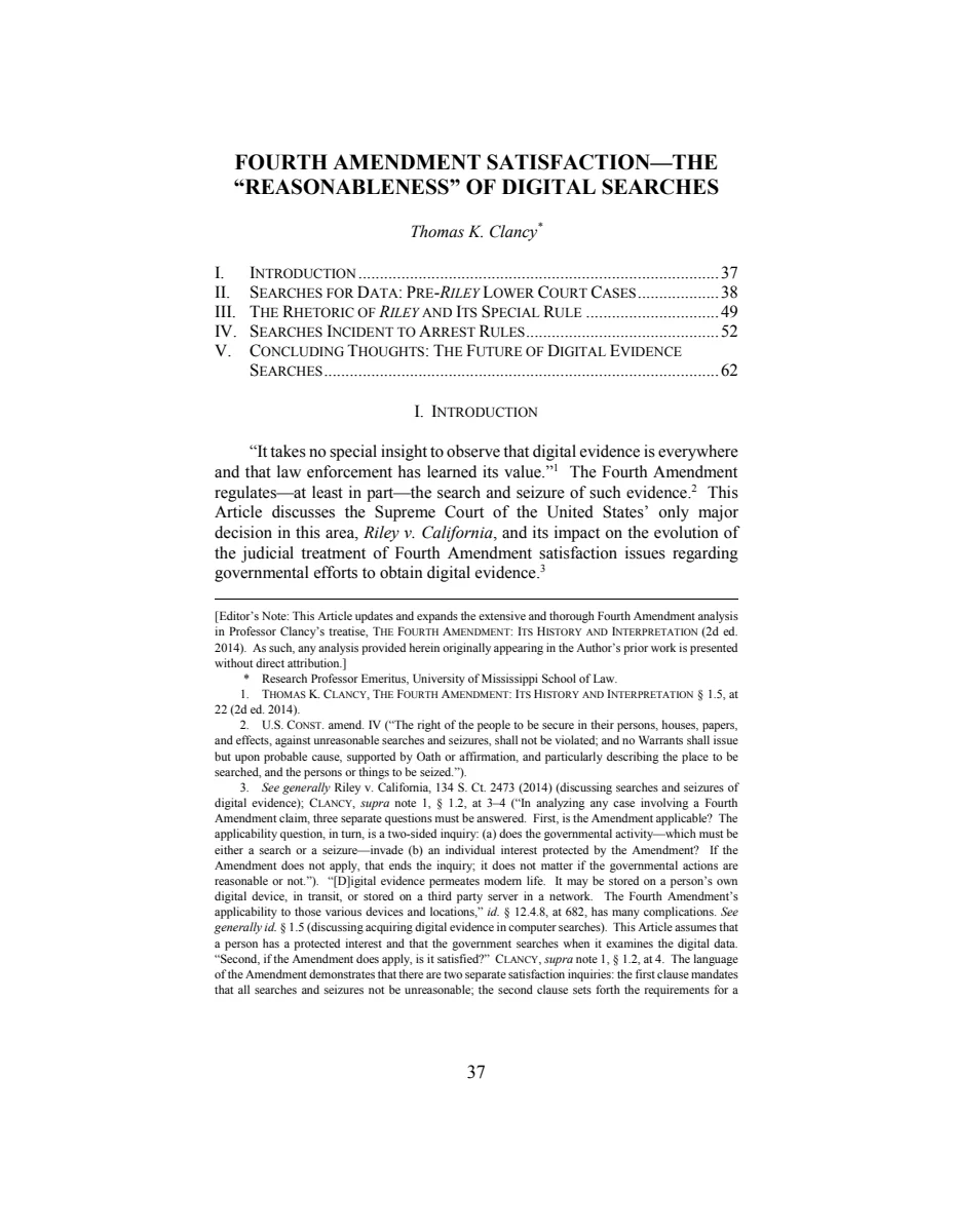 First page of Fourth Amendment Satisfaction—The "Reasonableness" of Digital Searches