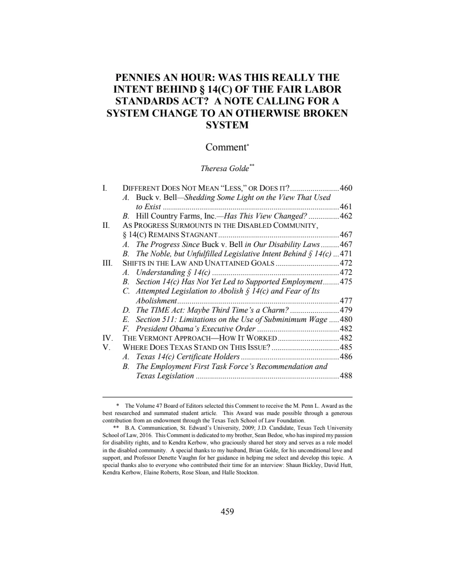 First page of Pennies an Hour: Was This Really the Intent Behind 14(C) of the Fair Labor Standards Act? A Note Calling for a System Change to an Otherwise Broken System