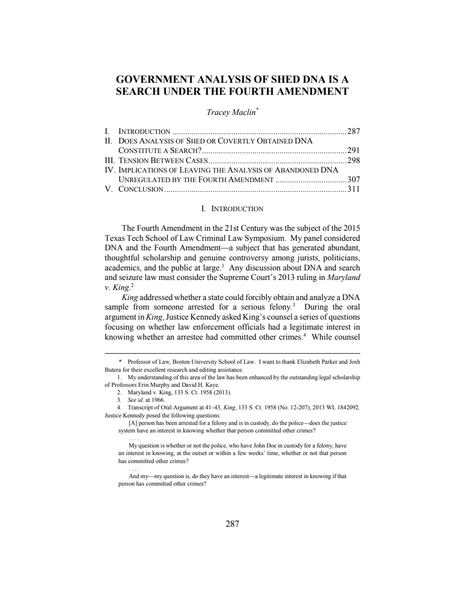 First page of Government Analysis of Shed DNA Is a Search Under the Fourth Amendment