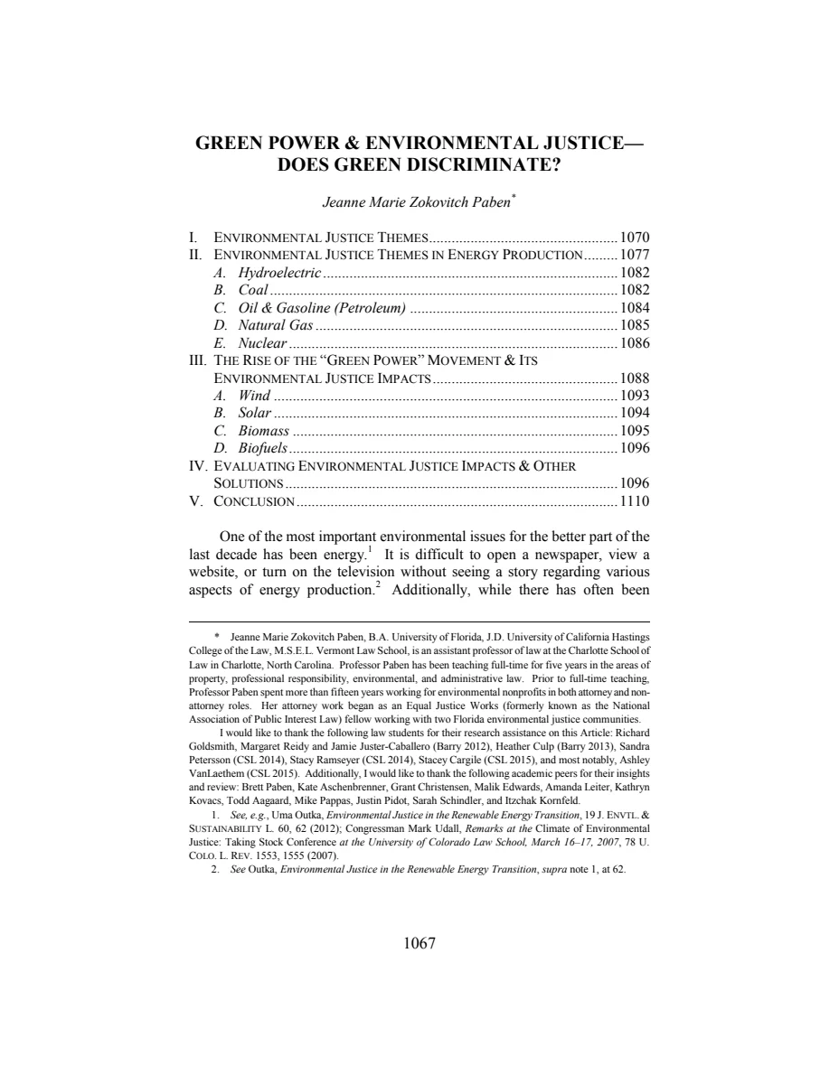 First page of Green Power & Environmental Justice--Does Green Discriminate?