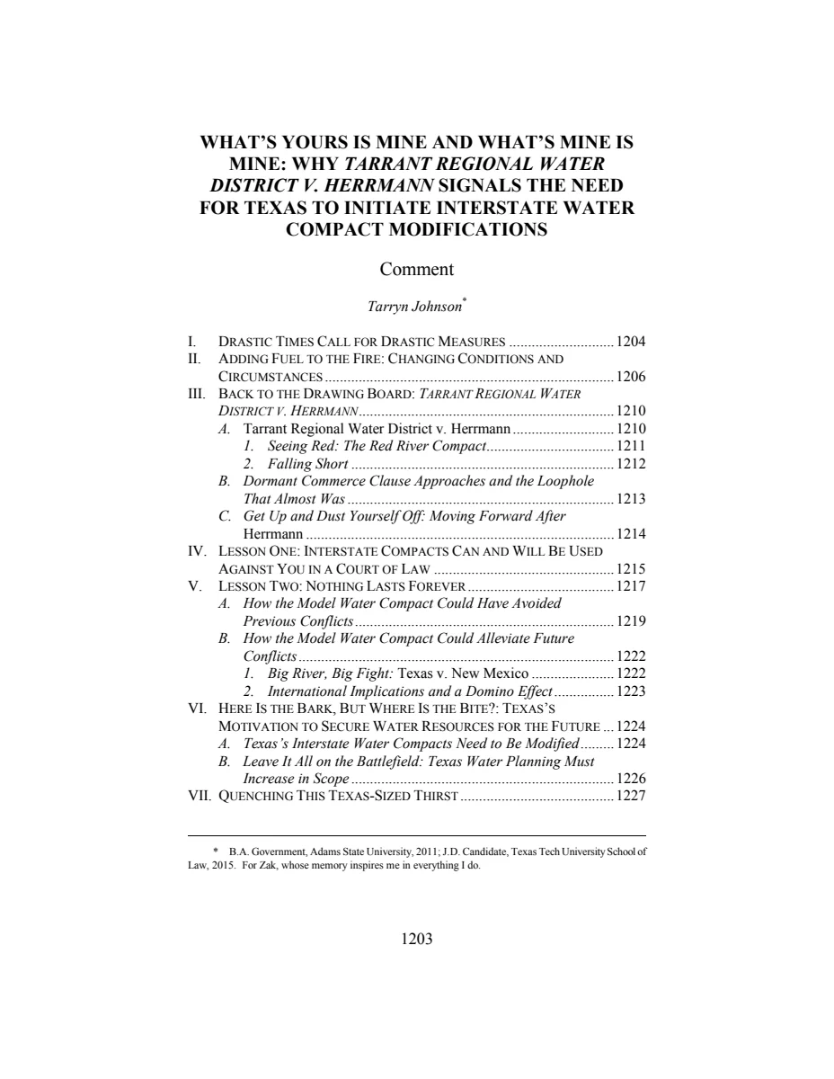 First page of What's Yours Is Mine and What's Mine Is Mine: Why Tarrant Regional Water District v. Herrmann Signals the Need for Texas to Initiate Interstate Water Compact Modificiations