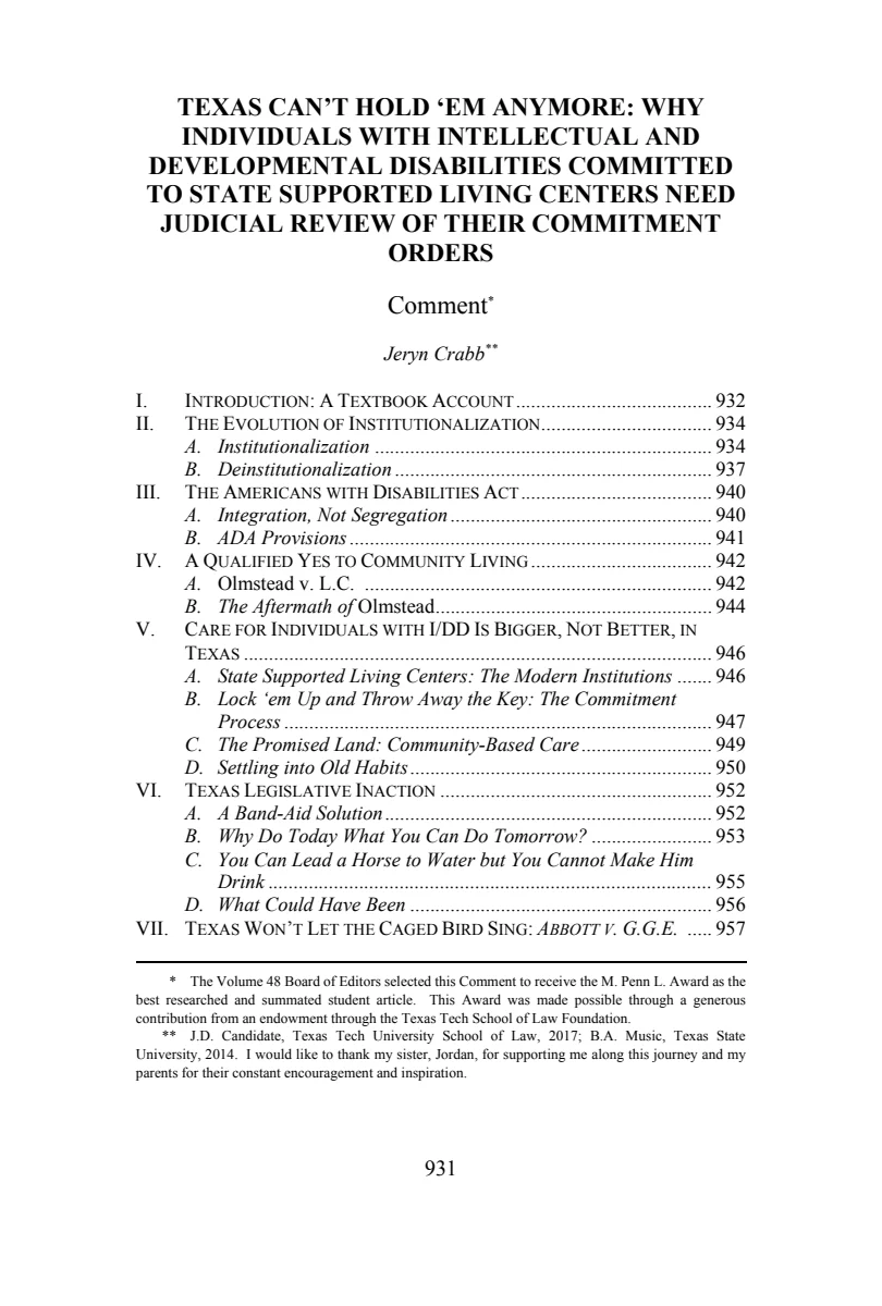 First page of Texas Can't Hold 'em Anymore: Why Individuals with Intellectual and Developmental Disabilities Committed to State Supported Living Centers Need Judicial Review of Their Commitment Orders