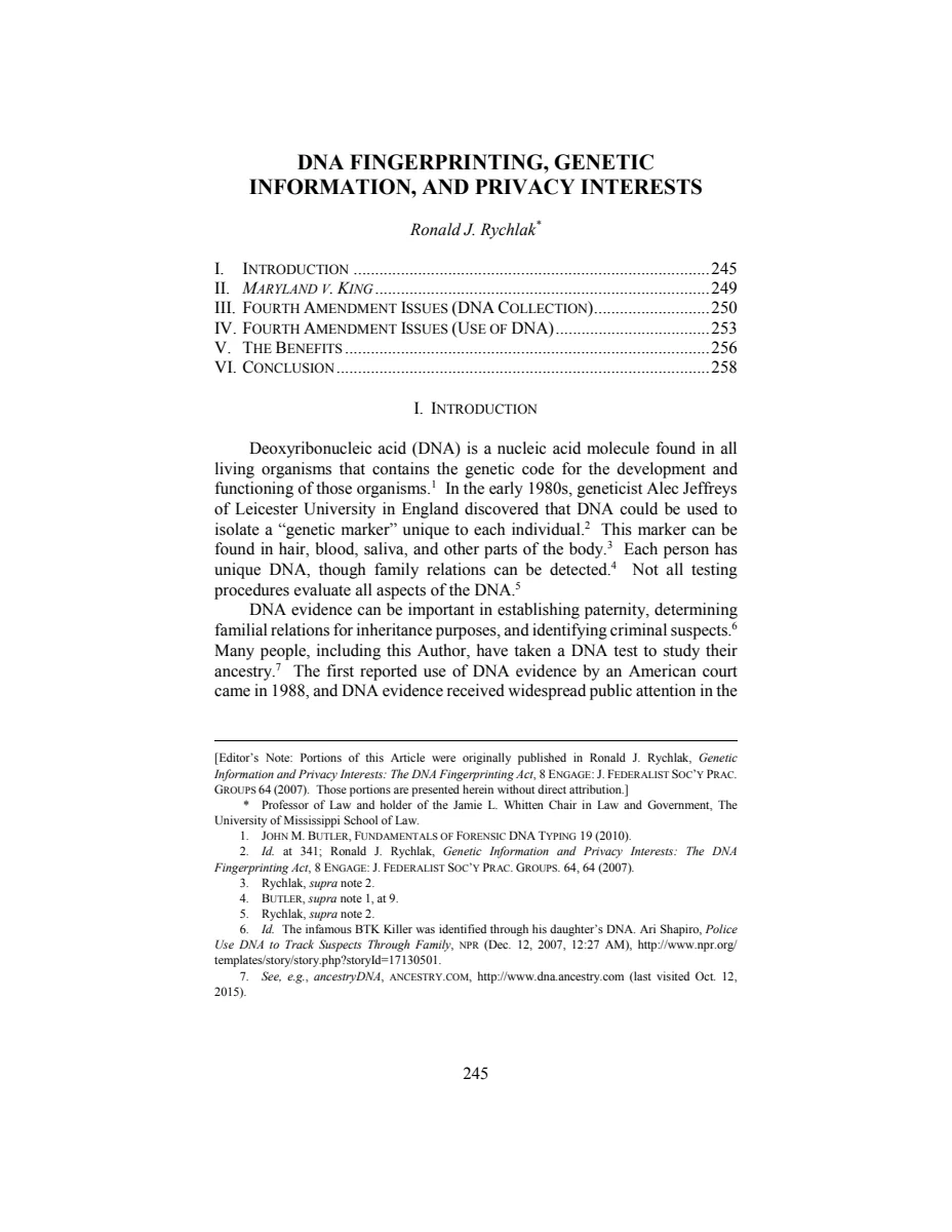 First page of DNA Fingerprinting, Genetic Information, and Privacy Interests