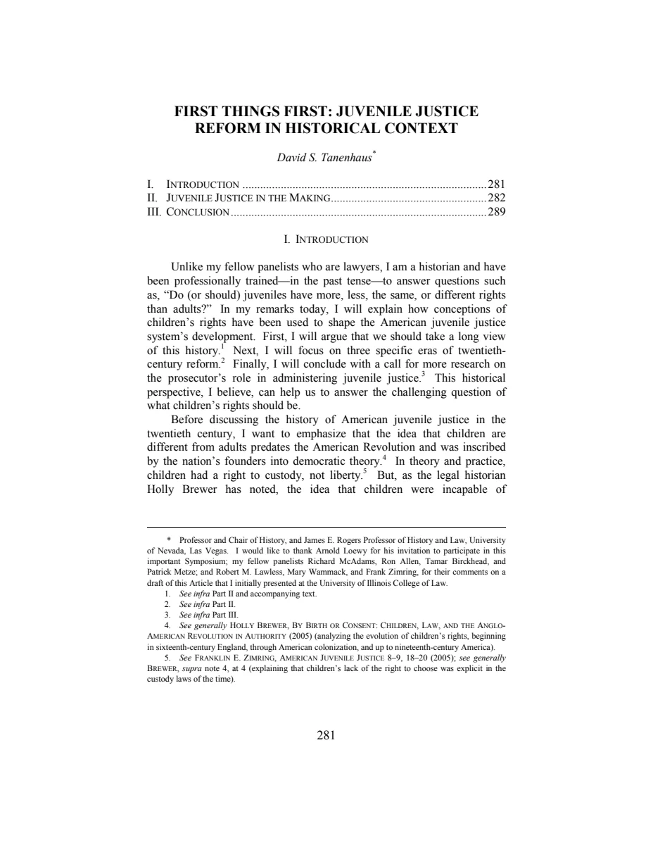 First page of First Things First: Juvenile Justice Reform in Historical Context