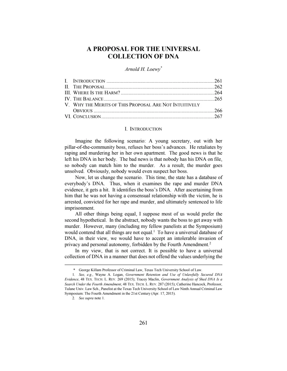 First page of A Proposal for the Universal Collection of DNA