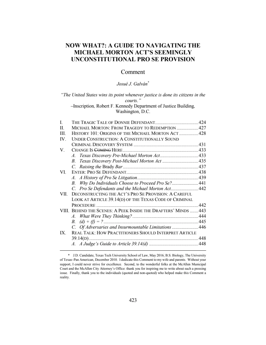 First page of Now What?: A Guide to Navigating the Michael Morton Act's Seemingly Unconstitutional Pro Se Provision