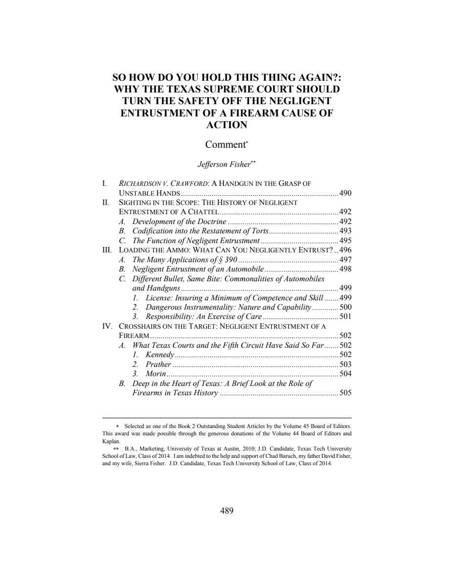 First page of So How Do You Hold This Thing Again?: Why the Texas Supreme Court Should Turn the Safety Off the Negligent Entrustment of a Firearm Cause of Action