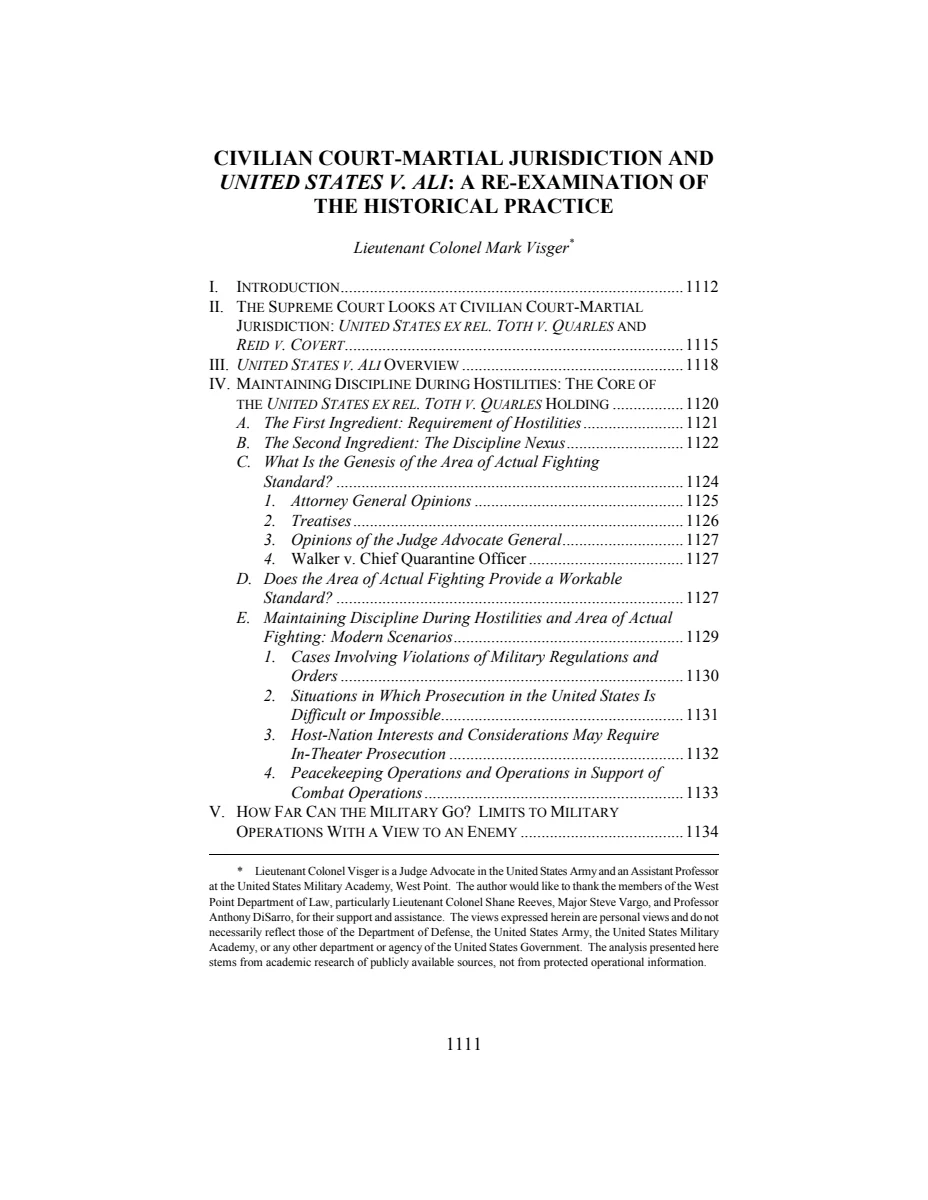 First page of Civilian Court-Martial Jurisdiction and United States v. Ali : A Re-Examination of the Historical Practice