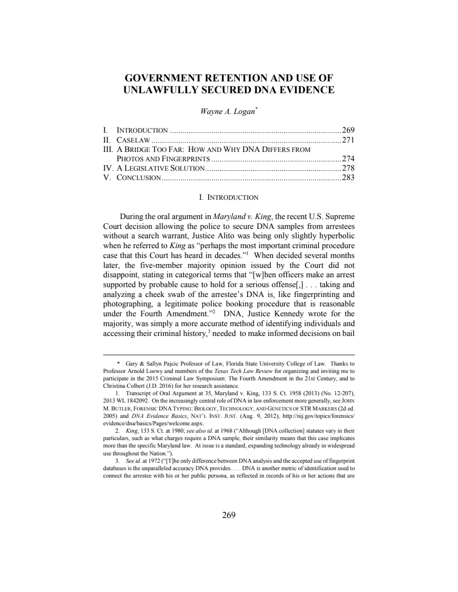 First page of Government Retention and Use of Unlawfully Secured DNA Evidence