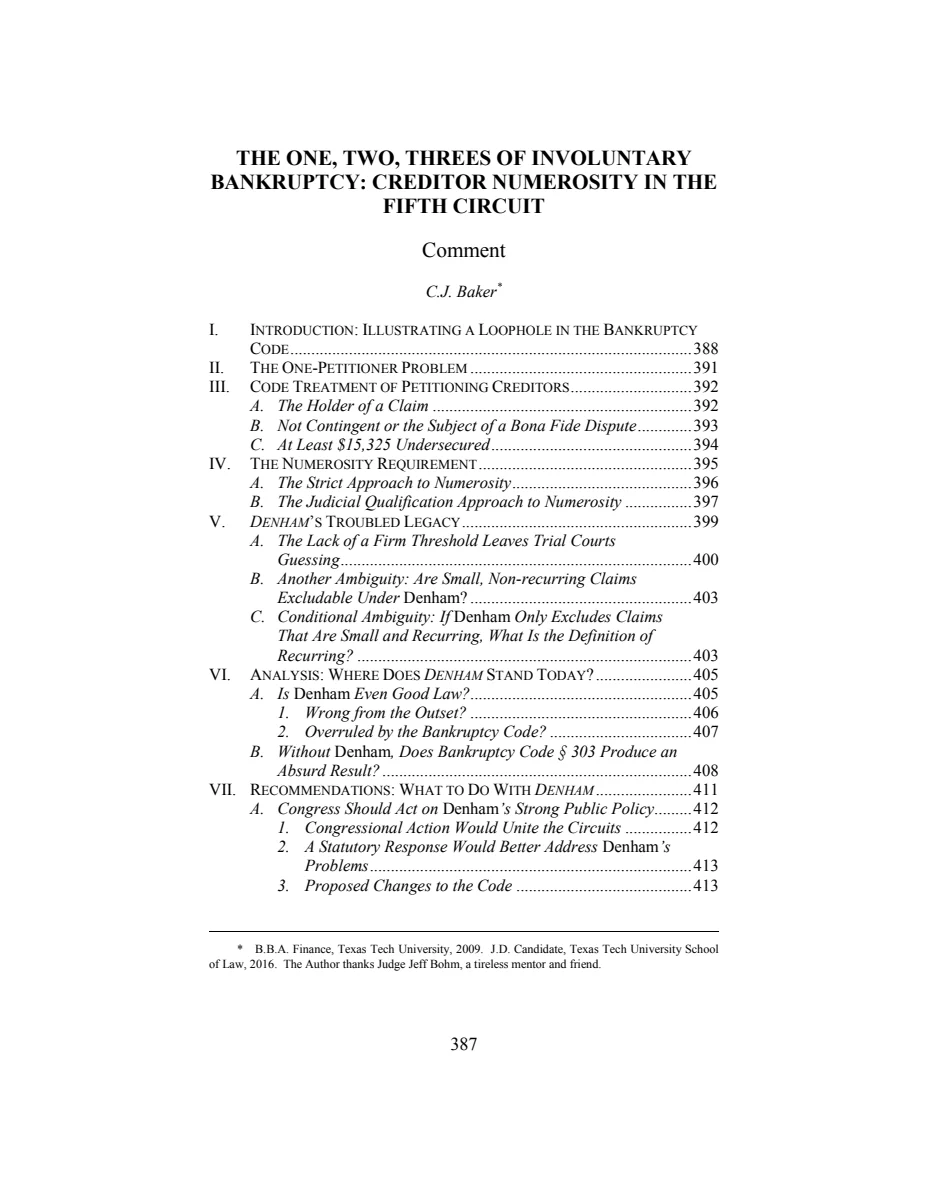 First page of The One, Two, Threes of Involuntary Bankruptcy: Creditor Numerosity in the Fifth Circuit