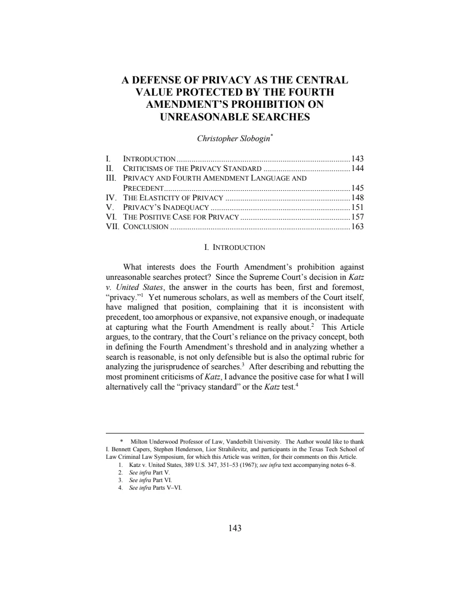 First page of A Defense of Privacy as the Central Value Protected by the Fourth Amendment's Prohibition on Unreasonable Searches