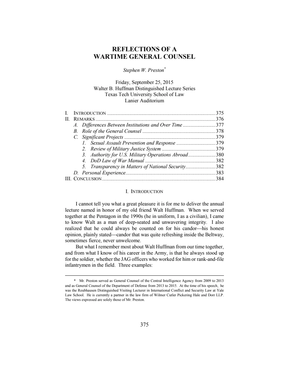First page of Reflections of Wartime General Counsel