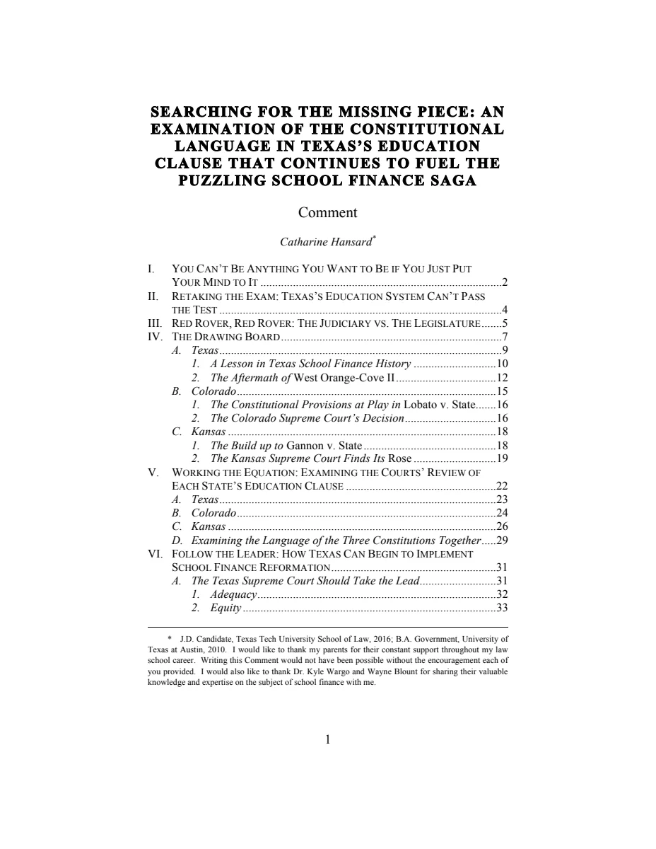 First page of Searching for the Missing Piece: An Examination of the Constitutional Language in Texas's Education Clause that Continues to Fuel the Puzzling School Finance Saga