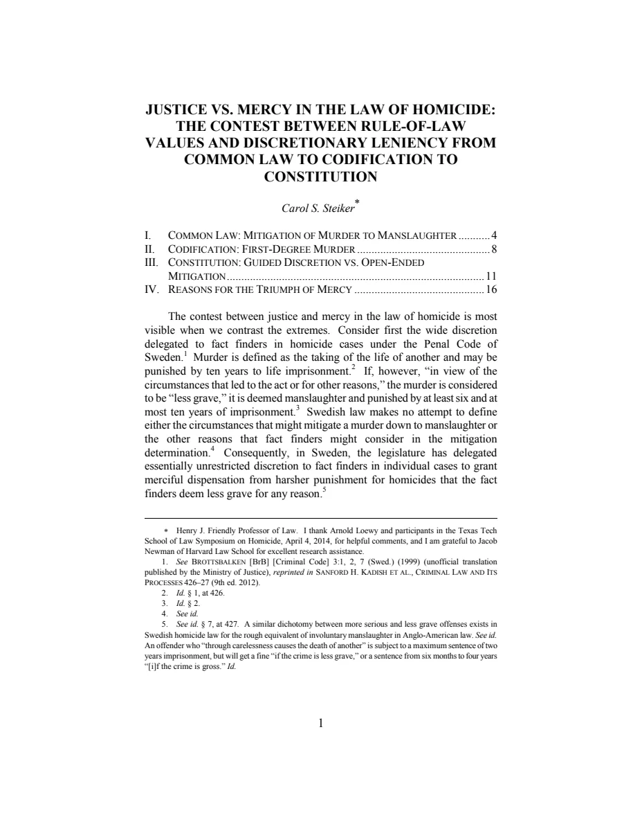 First page of Justice vs. Mercy in the Law of Homicide: The Contest Between Rule-of-Law Values and Discretionary Leniency from Common Law to Codification to Constitution