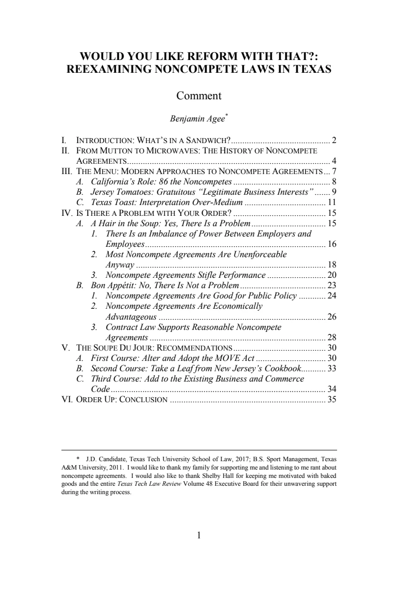 First page of Would You Like Reform With That?: Reexamining Noncompete Laws in Texas