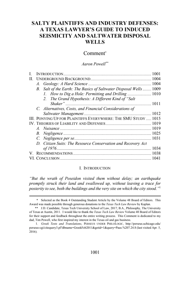 First page of Salty Plaintiffs and Industry Defenses: A Texas Lawyer's Guide to Induced Seismicity and Saltwater Disposal Wells