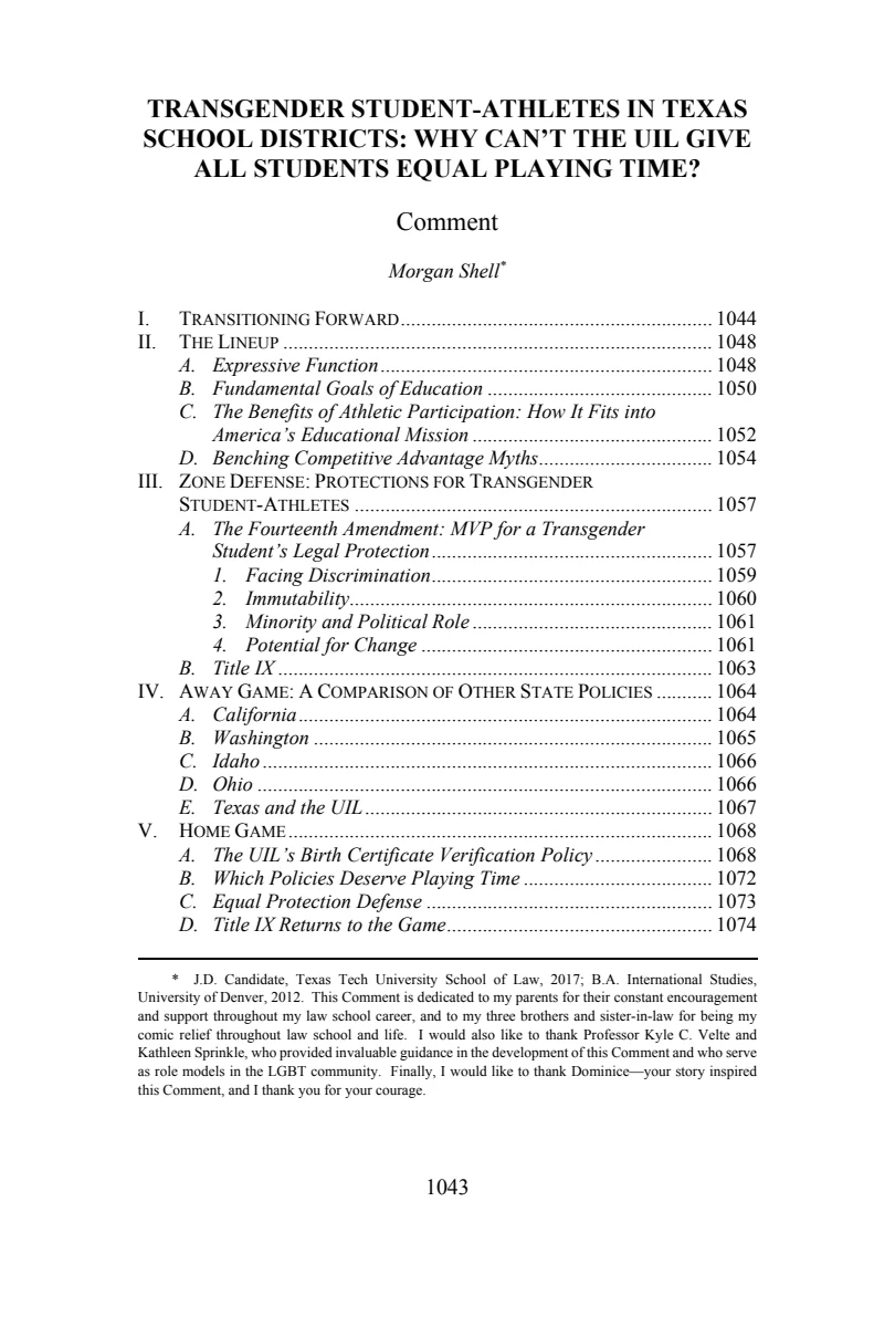 First page of Transgender Student-Athletes in Texas School Districts: Why Can't the UIL Give All Students Equal Playing Time?
