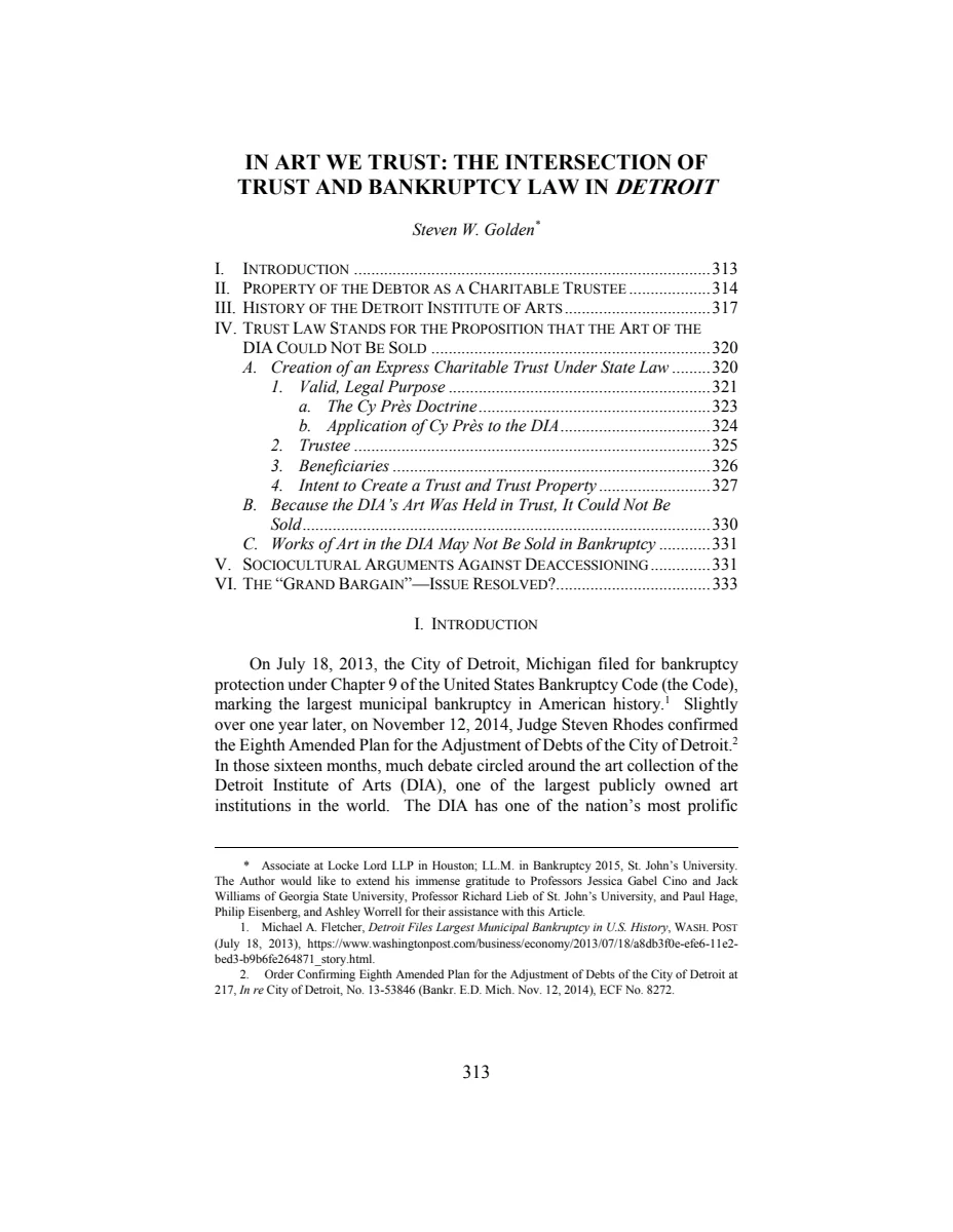 First page of In Art We Trust: The Intersection of Trust and Bankruptcy Law in Detroit