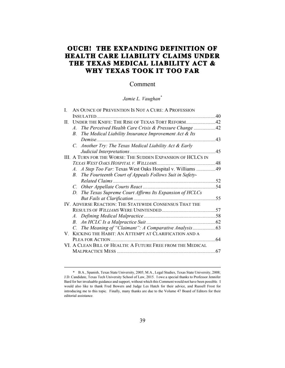 First page of Ouch! The Expanding Definition of Health Care Liability Claims Under the Texas Medical Liability Act and Why Texas Took It Too Far