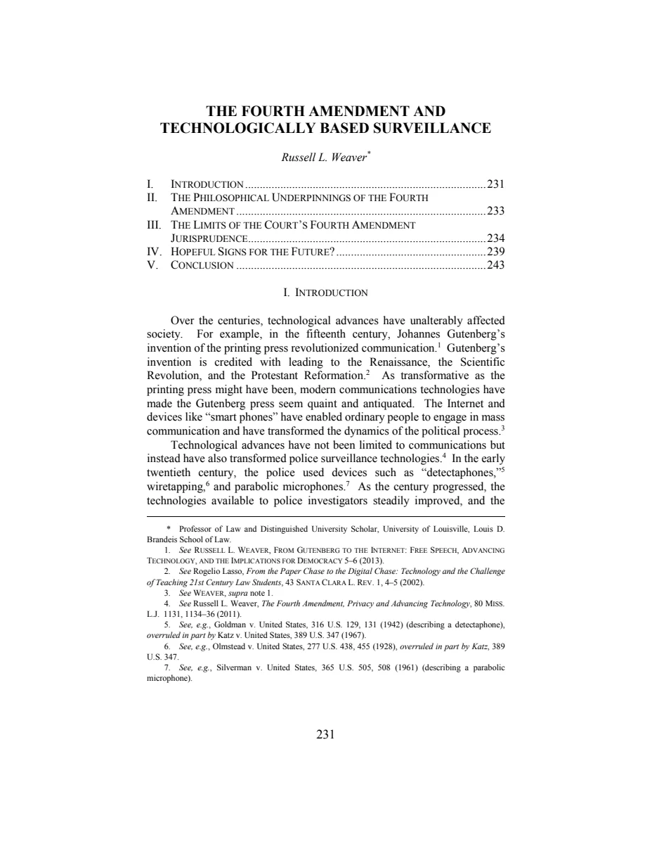 First page of The Fourth Amendment and Technologically Based Surveillance