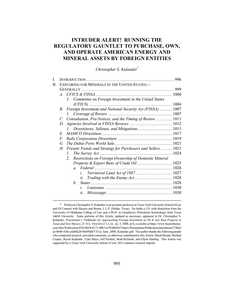 First page of Intruder Alert! Running the Regulatory Gauntlet to Purchase, Own, and Operate American Energy and Mineral Assets by Foreign Entities