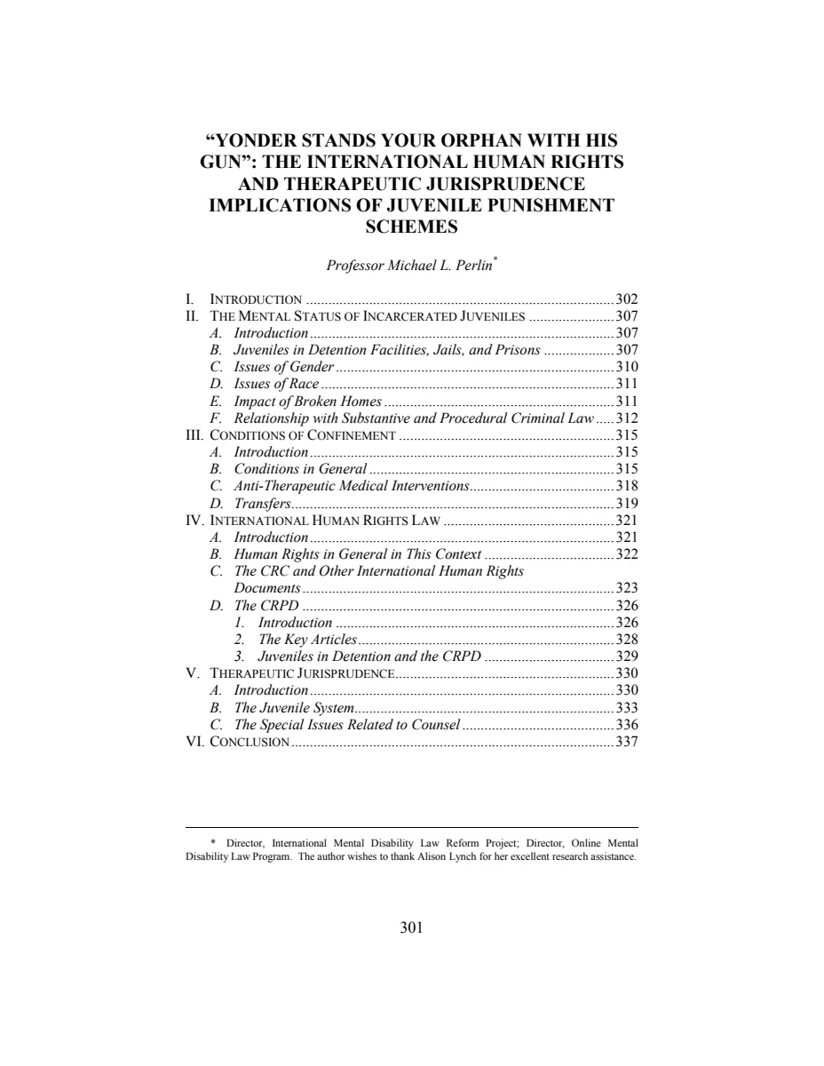 First page of "Yonder Stands Your Orphan with His Gun": The International Human Rights and Therapeutic Jurisprudence Implications of Juvenile Punishment Schemes