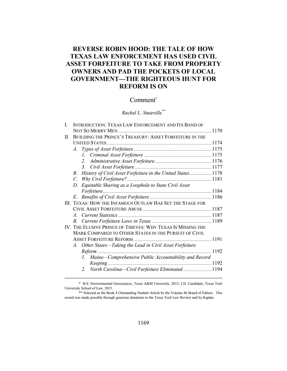 First page of Reverse Robin Hood: The Tale of How Texas Law Enforcement Has Used Civil Asset Forfeiture to Take from Property Owners and Pad the Pockets of Local Government--The Righteous Hunt for Reform Is On