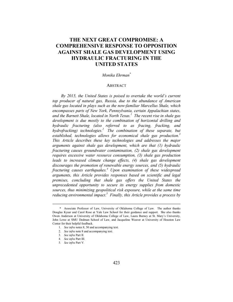 First page of The Next Great Compromise: A Comprehensive Response to Opposition Against Shale Gas Development Using Hydraulic Fracturing in the United States