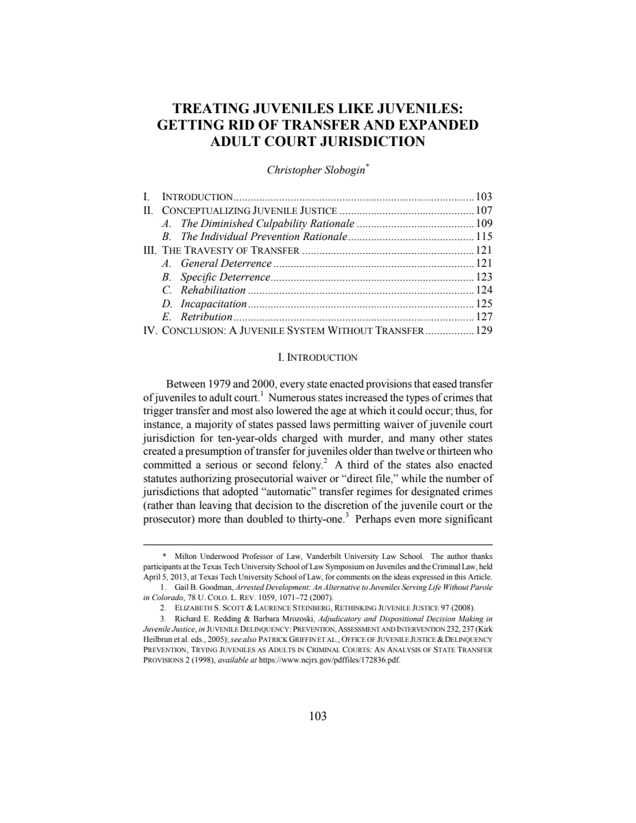 First page of Treating Juveniles Like Juveniles: Getting Rid of Transfer and Expanded Adult Court Jurisdiction