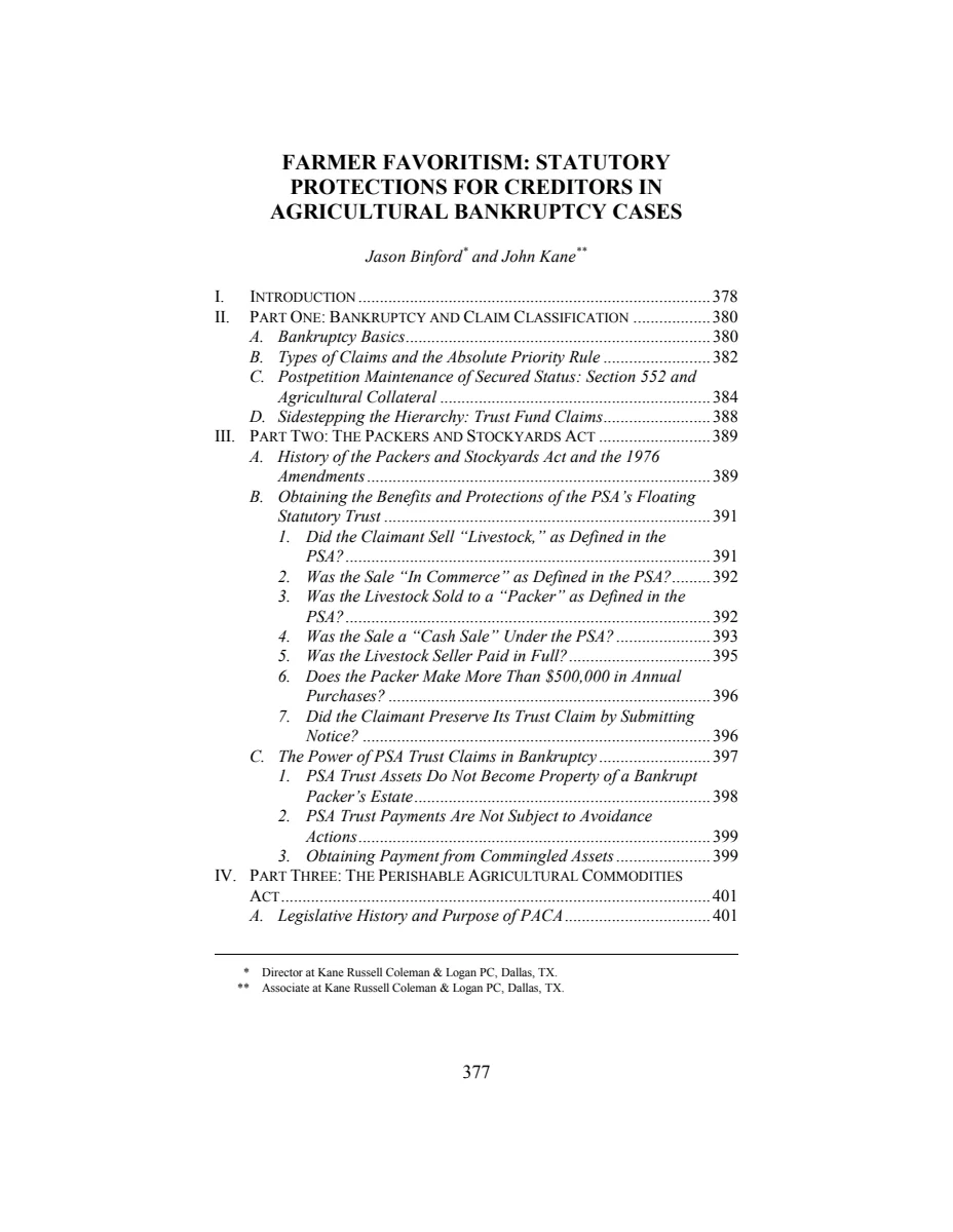 First page of Farmer Favoritism: Statutory Protections for Creditors in Agricultural Bankruptcy Cases