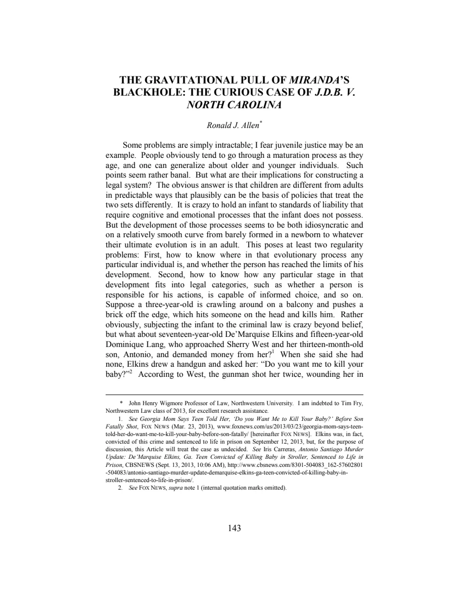 First page of The Gravitational Pull of Miranda's Blackhole: The Curious Case of J.D.B. v. North Carolina