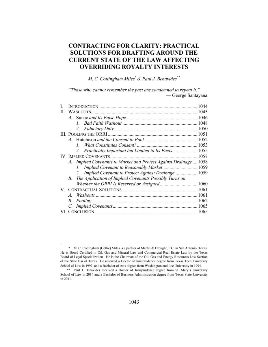 First page of Contracting for Clarity: Practical Solutions for Drafting Around the Current State of the Law Affecting Overriding Royalty Interests