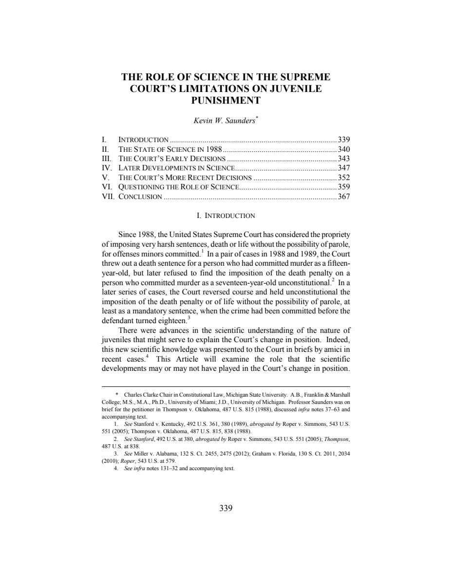 First page of The Role of Science in the Supreme Court's Limitations on Juvenile Punishment