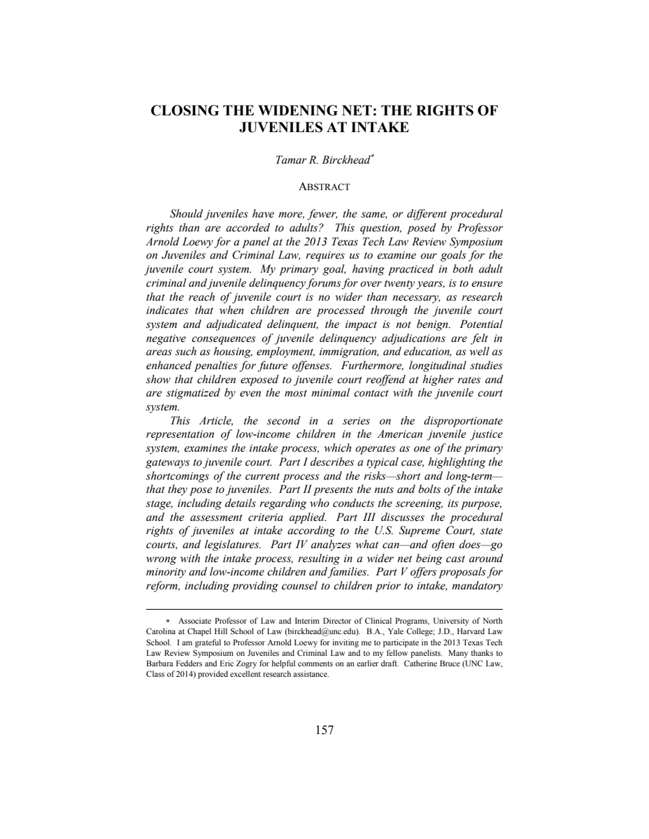 First page of Closing the Widening Net: The Rights of Juveniles at Intake