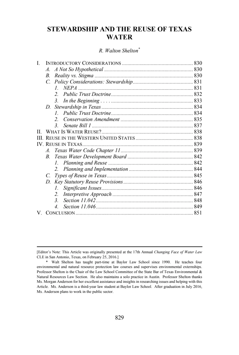 First page of Stewardship and the Reuse of Texas Water