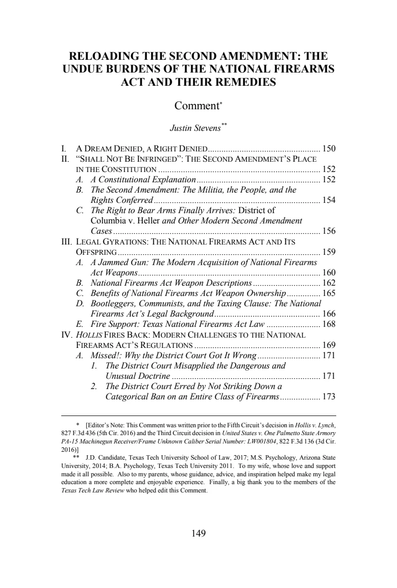 First page of Reloading the Second Amendment: The Undue Burdens of the National Firearms Act and Their Remedies