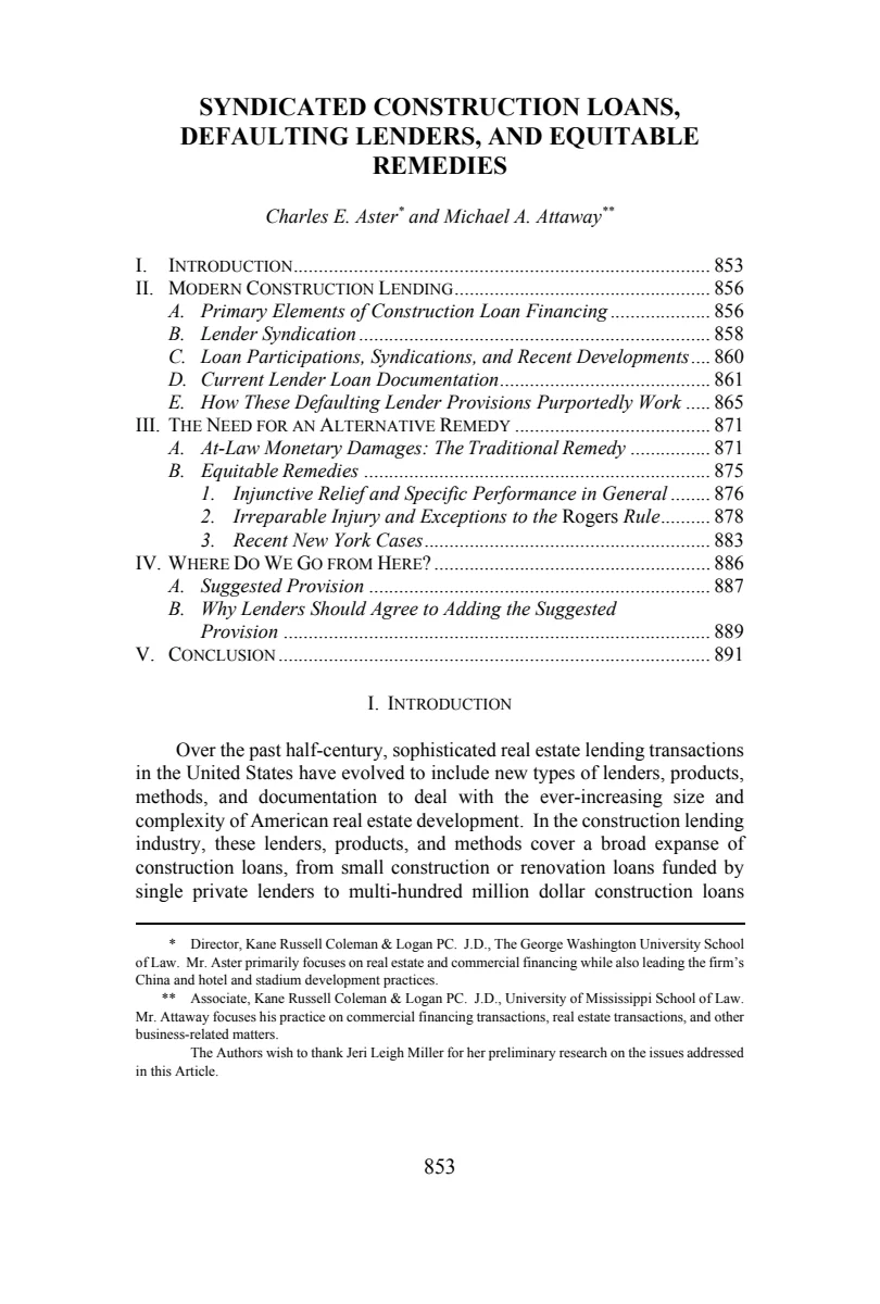 First page of Syndicated Construction Loans, Defaulting Lenders, and Equitable Remedies