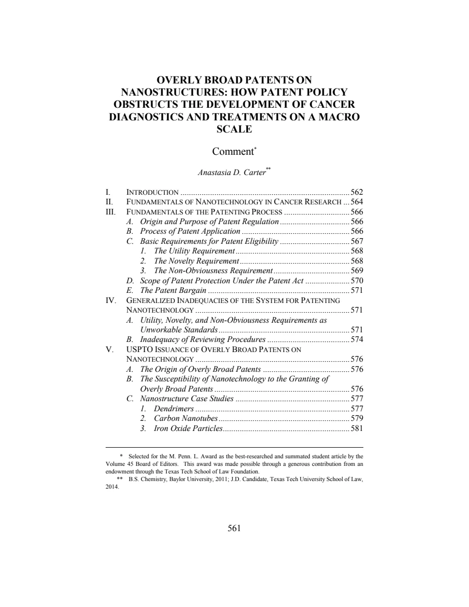 First page of Overly Broad Patents on Nanostructures: How Patent Policy Obstructs the Development of Cancer Diagnostics and Treatments on a Macro Scale
